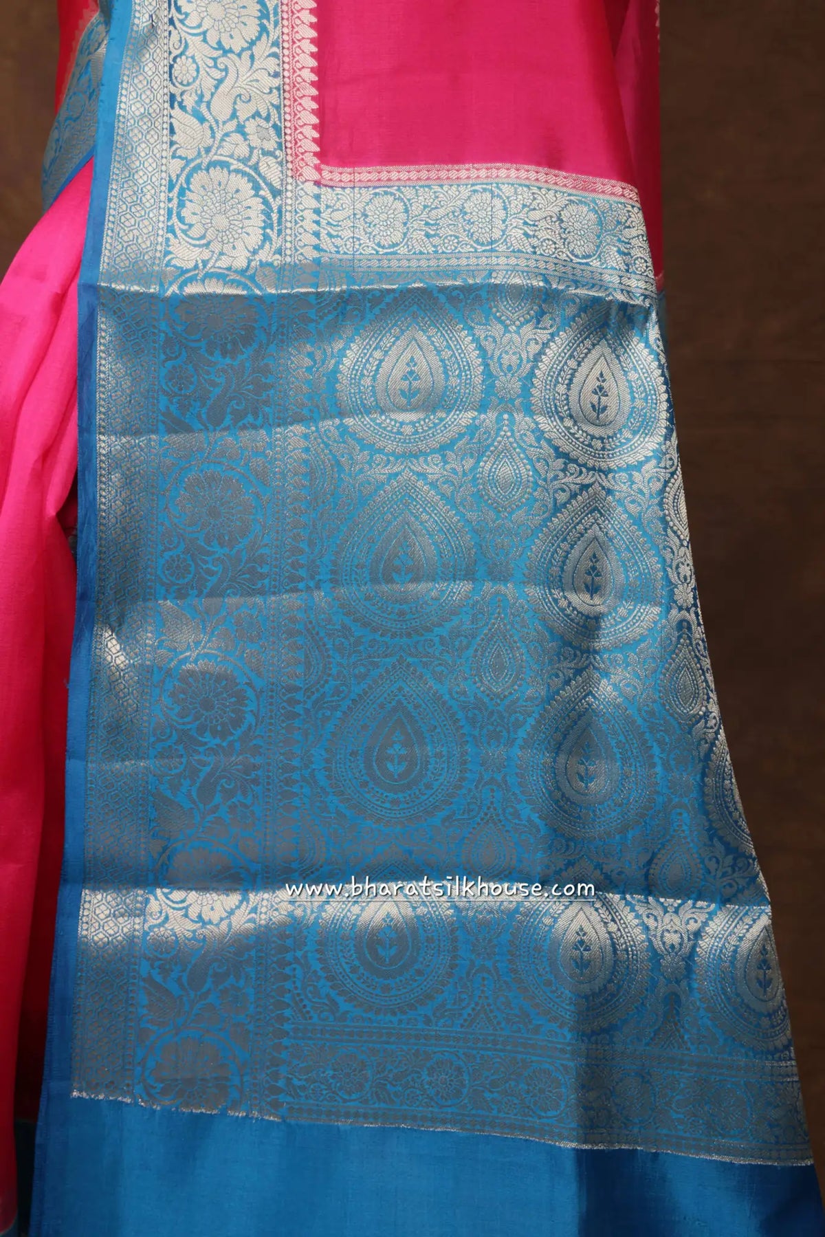 Pink With Blue Border Pure Dupion Silk Saree - Bharat Silk House Dupion Silk