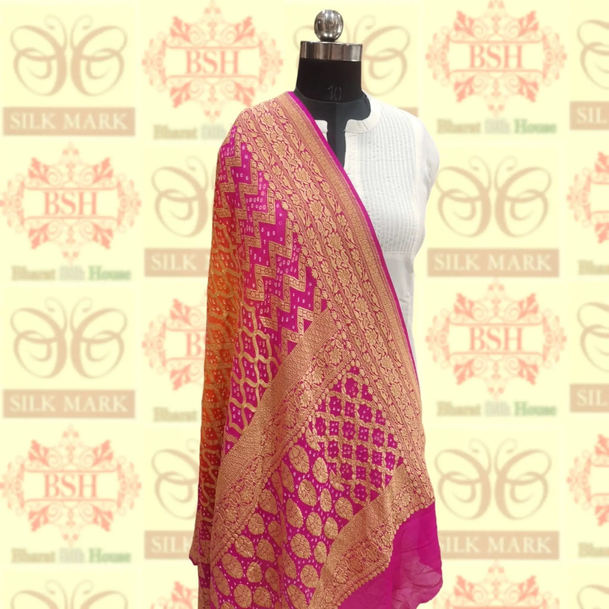 Pink/Orange Pure Georgette Banarasi Handloom Bandhani Dupatta - Bharat Silk House Bandhej