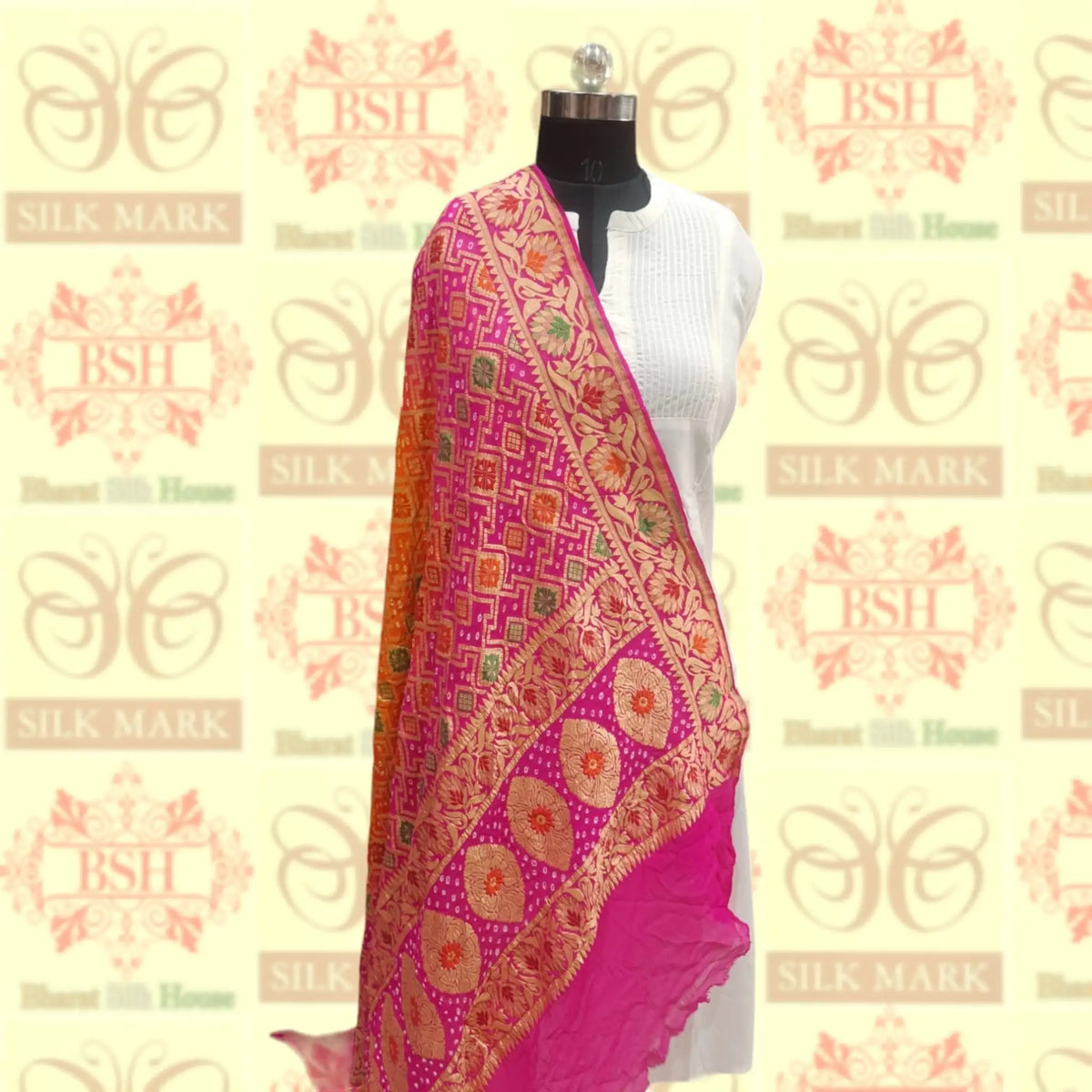 Pink/Orange Pure Georgette Banarasi Handloom Meenakari Bandhani Dupatta - Bharat Silk House Bandhej