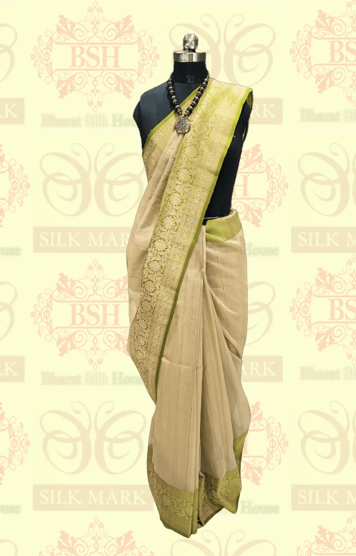 Pista Green Pure Tussar Moonga Silk Handloom Saree With Zari Border - Bharat Silk House Tussar