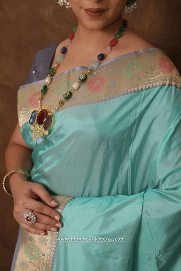 Powder Blue Pure Katan Silk Banarasi Saree - Bharat Silk House Pure Kataan Silk