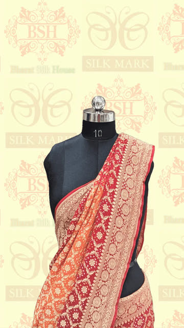 Pure Banarasi Georgette Bandhej Handloom Saree In Shades Of Red/Orange - Bharat Silk House Bandhej
