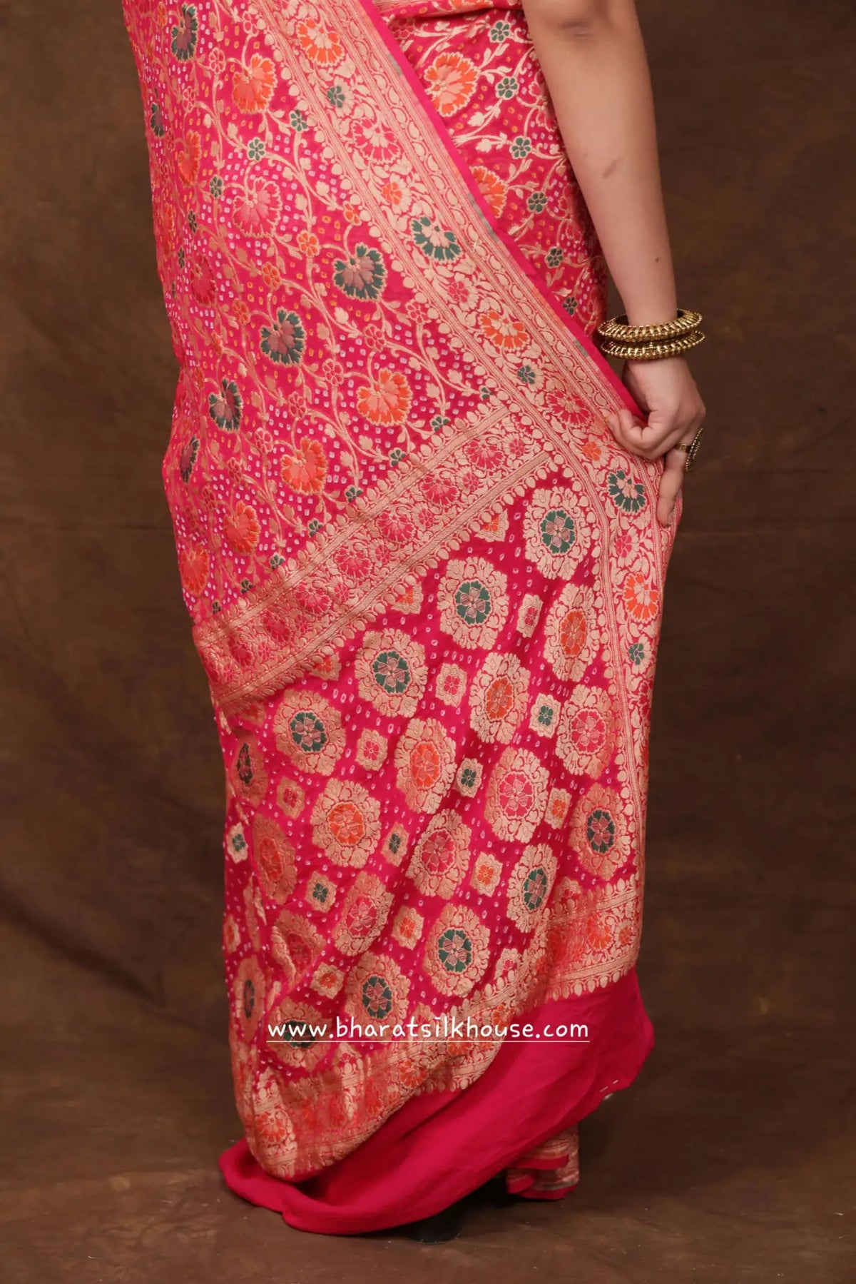 Pure Banarasi Georgette Bandhej Meenakari Handloom Saree In Shades Of Pink - Bharat Silk House Bandhej