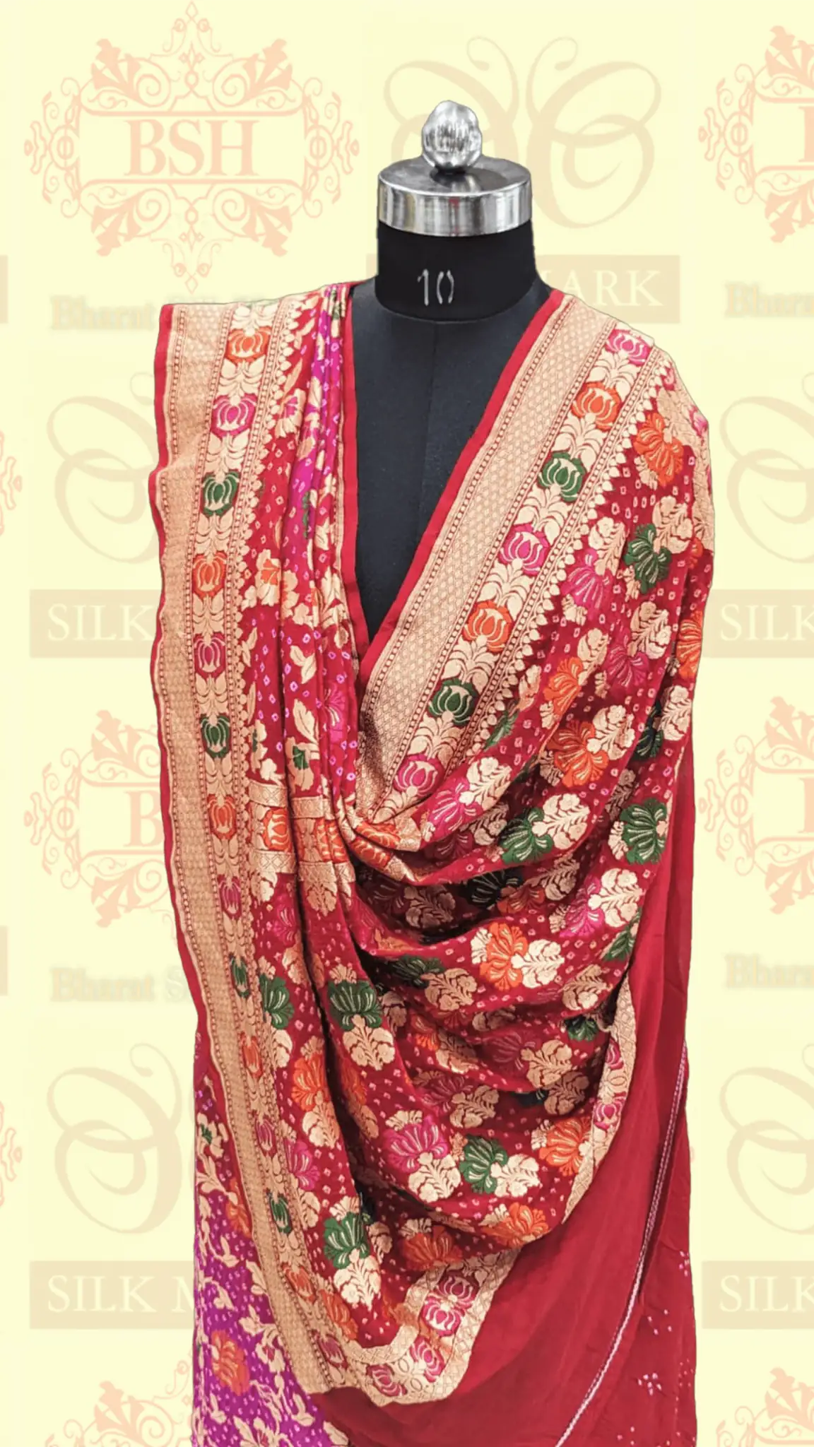 Pure Banarasi Georgette Bandhej Meenakari Handloom Saree In Shades Of Pink/Red - Bharat Silk House Bandhej