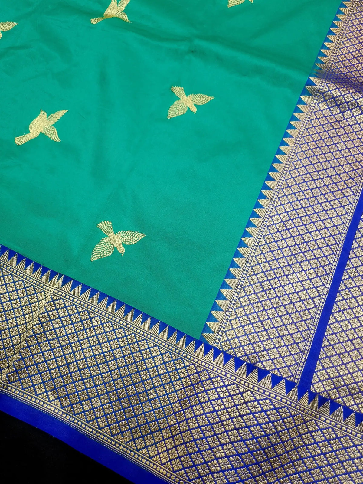 Pure Banarasi Handloom Katan Silk Antique Meena Zari Saree In Shades of Sea Green/ Royal Blue - Bharat Silk House Pure Kataan Silk