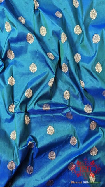 Pure Banarasi Handloom Katan Silk Antique Zari Saree In Shades Of Blue - Bharat Silk House Pure Kataan Silk