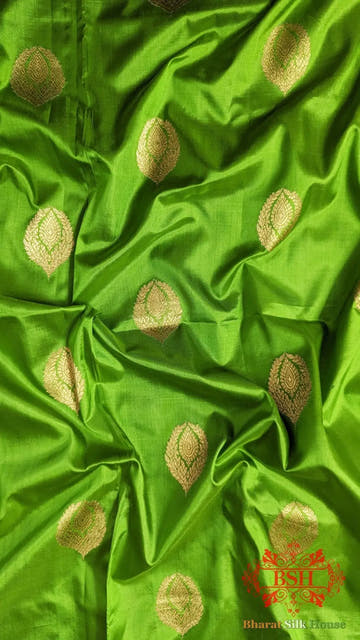 Pure Banarasi Handloom Katan Silk Antique Zari Saree In Shades Of Parrot Green - Bharat Silk House Pure Kataan Silk