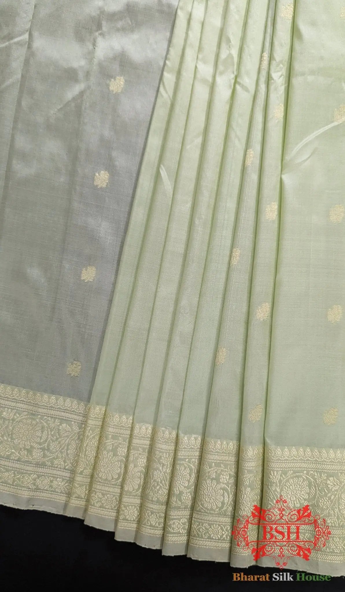 Pure Banarasi Handloom Katan Silk Antique Zari Saree In Shades Of Pista - Bharat Silk House Pure Kataan Silk