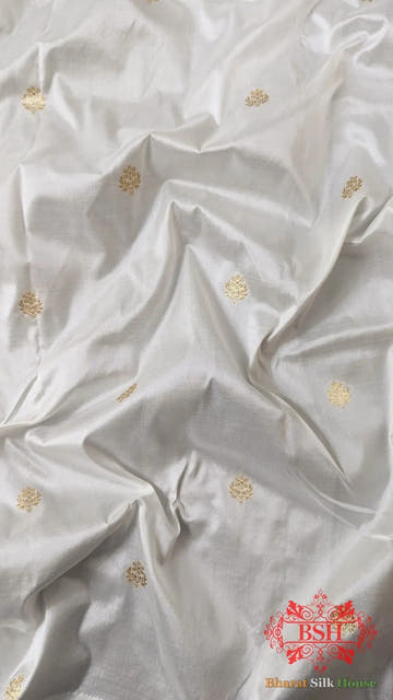 Pure Banarasi Handloom Katan Silk Antique Zari Saree In Shades Of White - Bharat Silk House Pure Kataan Silk