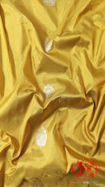 Pure Banarasi Handloom Katan Silk Antique Zari Saree In Shades Of Yellow - Bharat Silk House Pure Kataan Silk
