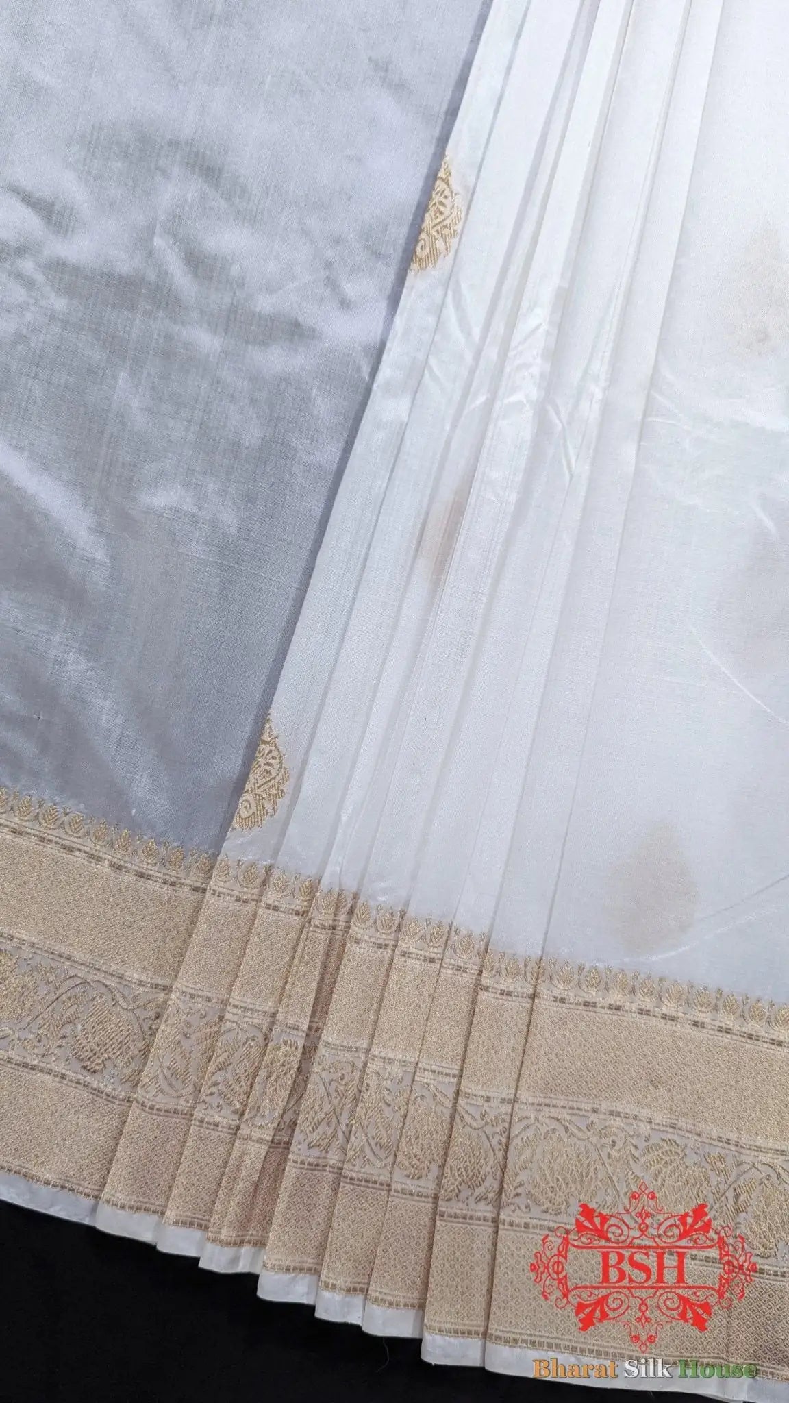 Pure Banarasi Handloom Katan Silk Dyeable Antique Zari Saree In Shades Of White - Bharat Silk House Pure Kataan Silk