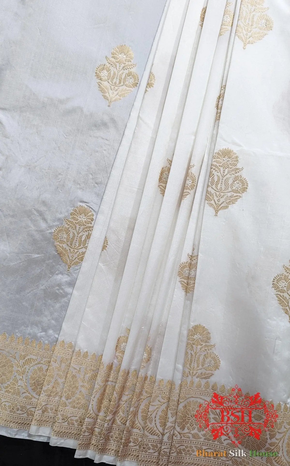 Pure Banarasi Handloom Katan Silk Dyeable Antique Zari Saree In Shades Of White - Bharat Silk House Pure Kataan Silk