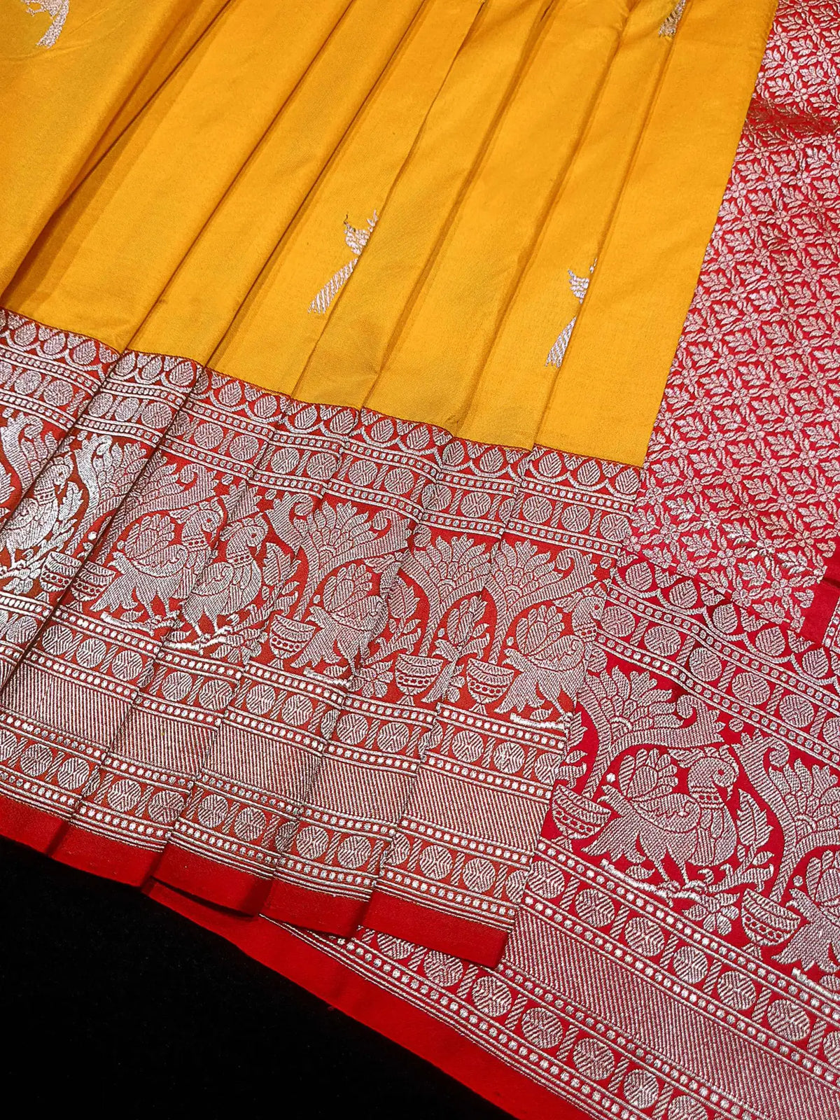Pure Banarasi Handloom Katan Silk Gold Zari Saree In Shades of Golden Yellow / Red - Bharat Silk House Pure Kataan Silk
