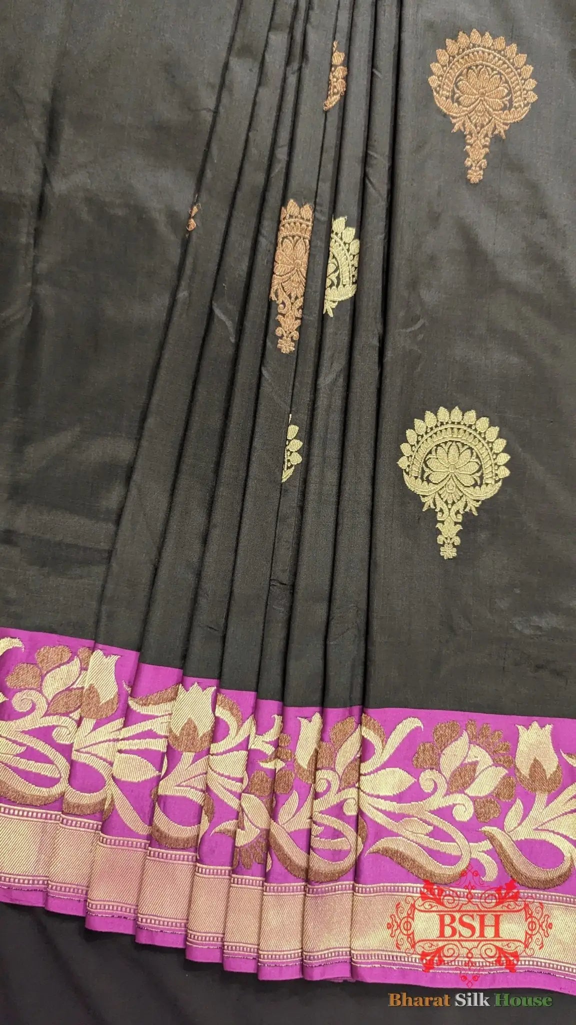 Pure Banarasi Handloom Katan Silk Meenakari Antique Double Zari Saree In Shades Of Black - Bharat Silk House Pure Kataan Silk