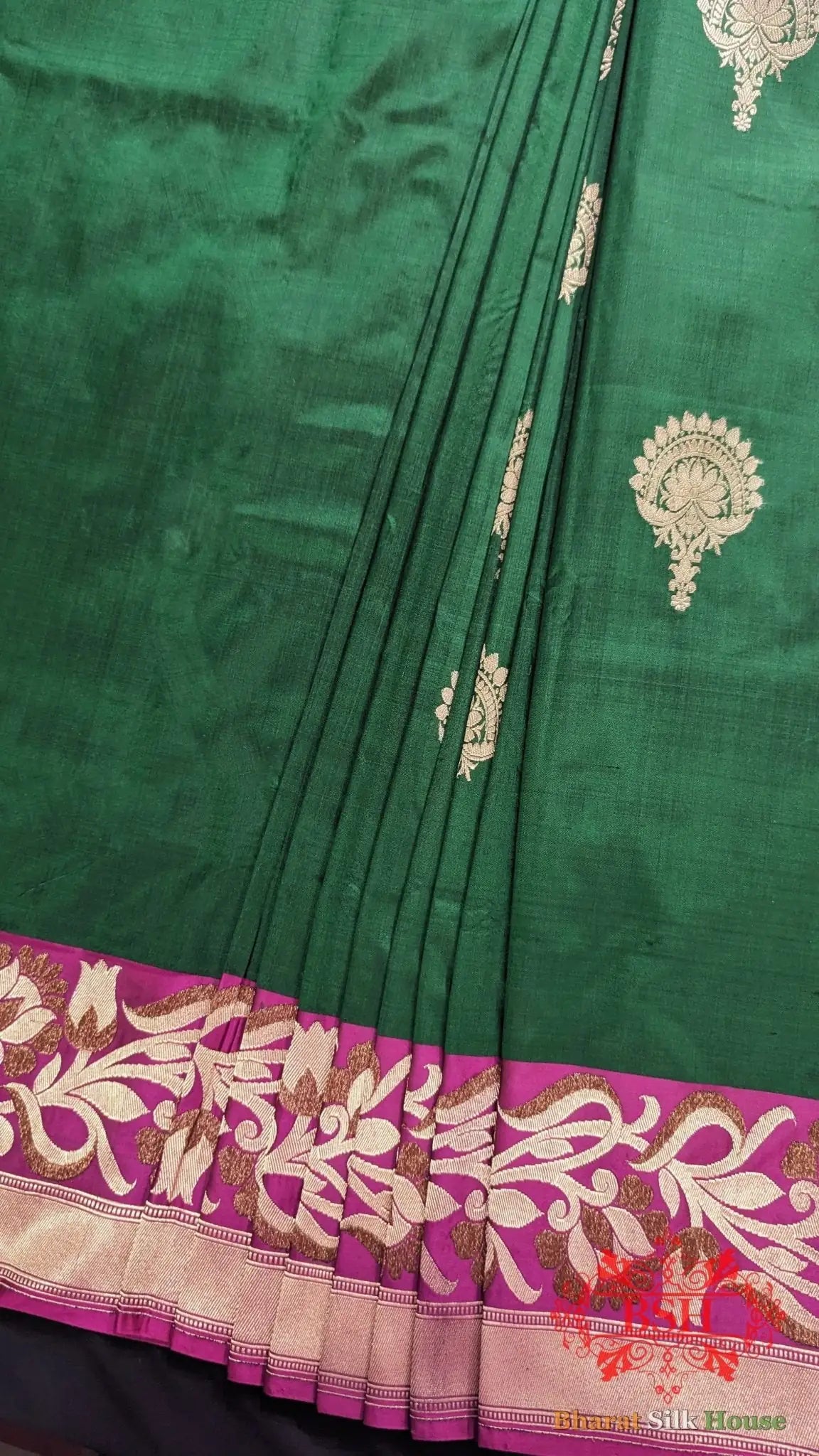 Pure Banarasi Handloom Katan Silk Meenakari Antique Double Zari Saree In Shades Of Green - Bharat Silk House Pure Kataan Silk