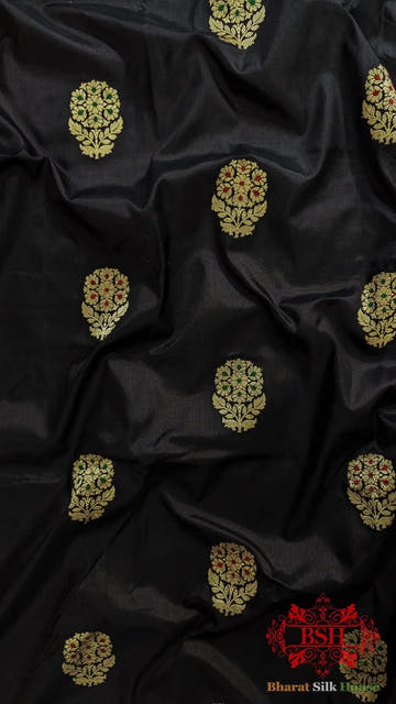 Pure Banarasi Handloom Katan Silk Meenakari Antique Zari Saree In Shades Of Black - Bharat Silk House Pure Kataan Silk