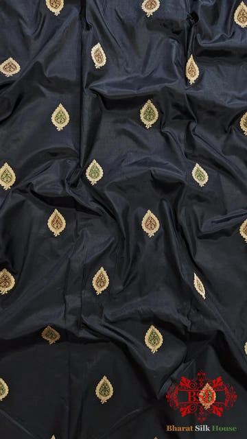 Pure Banarasi Handloom Katan Silk Meenakari Antique Zari Saree In Shades Of Black - Bharat Silk House Pure Kataan Silk