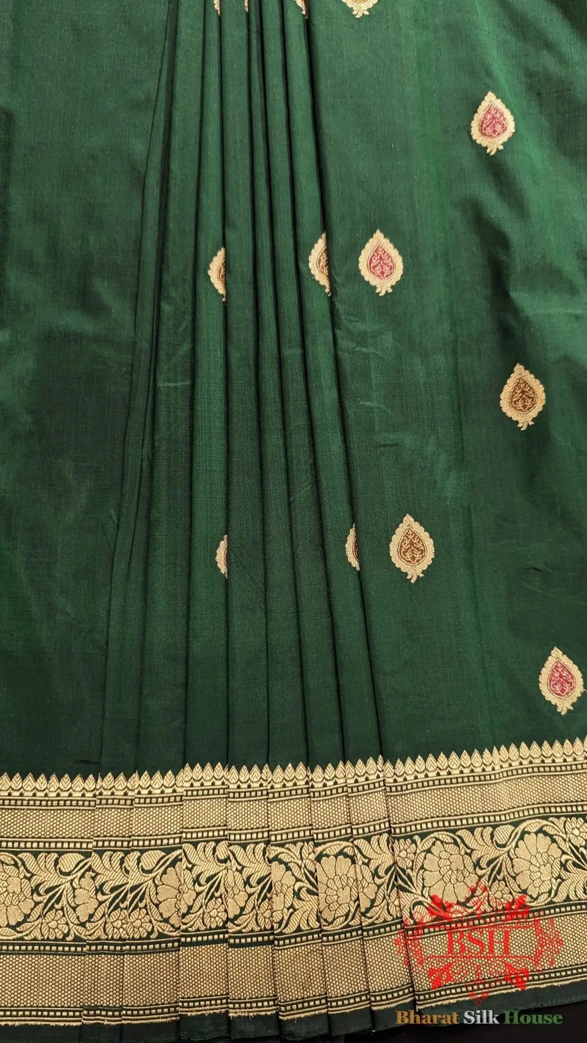 Pure Banarasi Handloom Katan Silk Meenakari Antique Zari Saree In Shades Of Green - Bharat Silk House Pure Kataan Silk