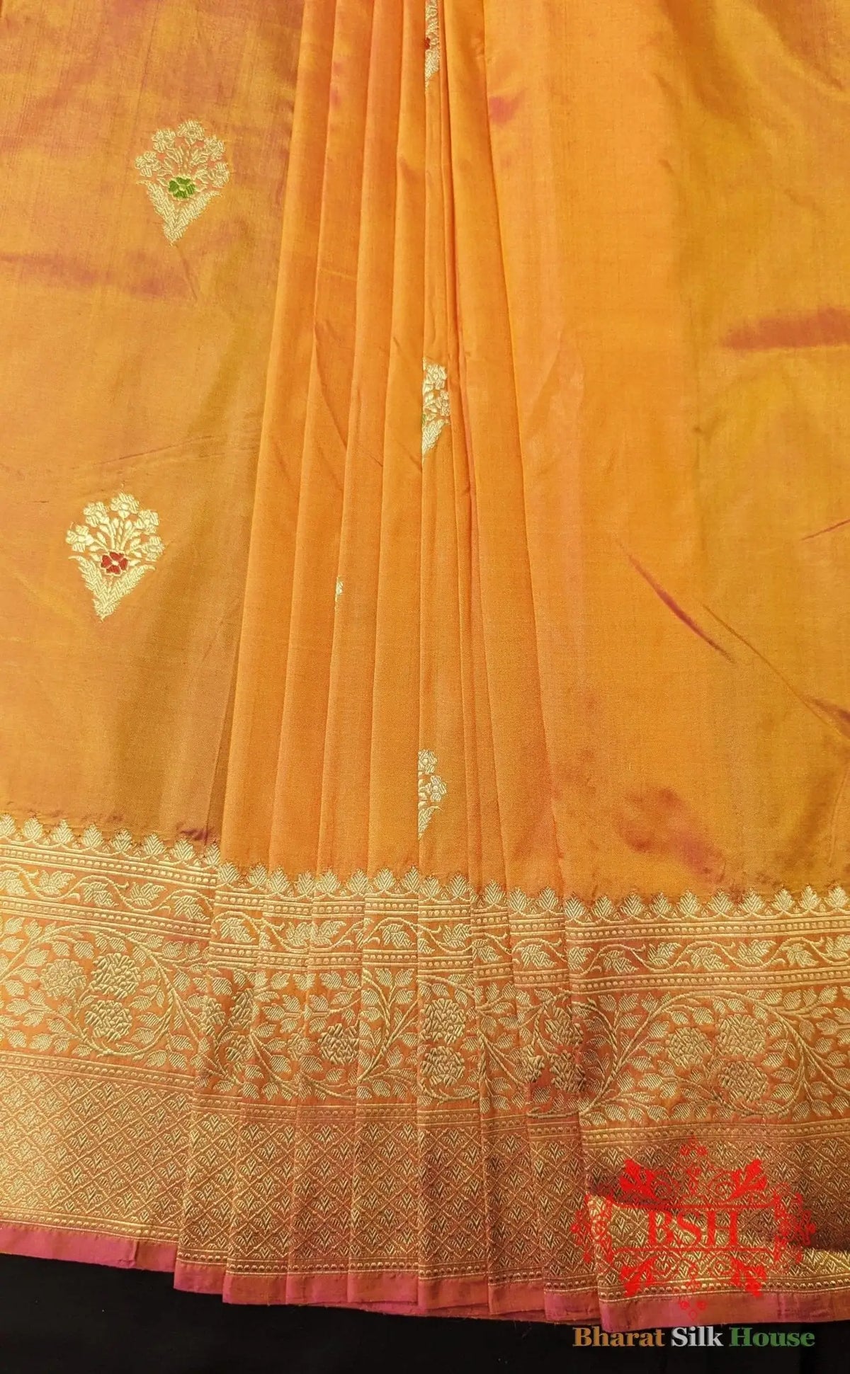 Pure Banarasi Handloom Katan Silk Meenakari Antique Zari Saree In Shades Of Orange - Bharat Silk House Pure Kataan Silk