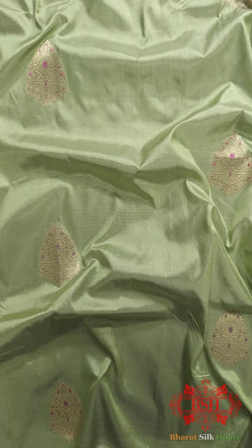 Pure Banarasi Handloom Katan Silk Meenakari Antique Zari Saree In Shades Of Pastel Green - Bharat Silk House Pure Kataan Silk
