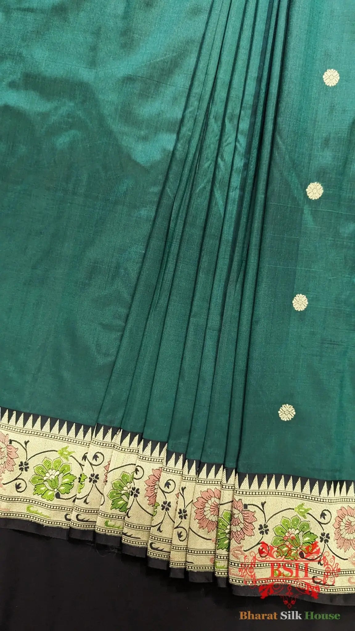 Pure Banarasi Handloom Katan Silk Meenakari Antique Zari Saree In Shades Of Rama - Bharat Silk House Pure Kataan Silk