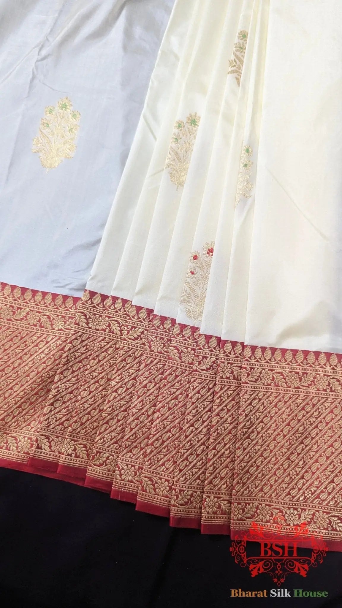 Pure Banarasi Handloom Katan Silk Meenakari Antique Zari Saree In Shades Of White - Bharat Silk House Pure Kataan Silk