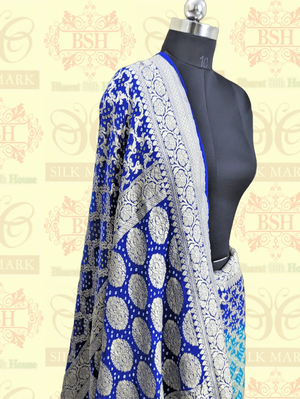 Pure Banarasi Khaddi Georgette Bandhej Saree In Shades Of Rama Royal Blue - Bharat Silk House Bandhej