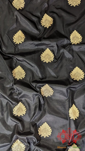 Pure Banrasi Handloom Katan Silk Antique Zari Saree In Shades Of Black - Bharat Silk House Pure Kataan Silk