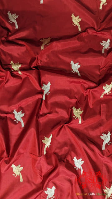 Pure Banrasi Handloom Katan Silk Antique Zari Saree In Shades Of Red - Bharat Silk House Pure Kataan Silk