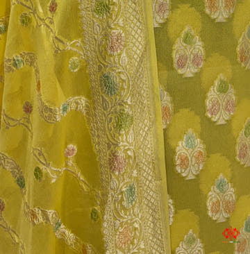 Pure Chiffon Rangkaat Brush Dyed Silk Suit Piece In Shade Of Yellow - Bharat Silk House Chiffon Suit