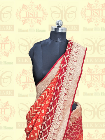 Pure Georgette Banarasi Bandhej Handloom Saree In Dual Shades Of Red & Orange - Bharat Silk House Bandhej