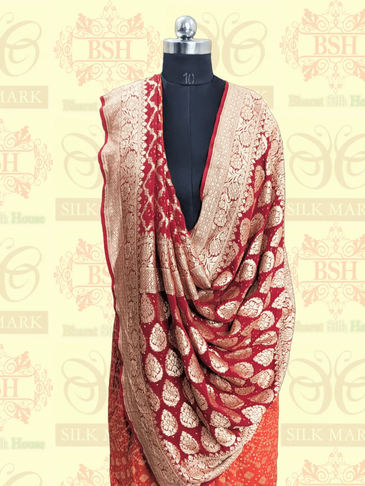 Pure Georgette Banarasi Bandhej Handloom Saree In Dual Shades Of Red & Orange - Bharat Silk House Bandhej