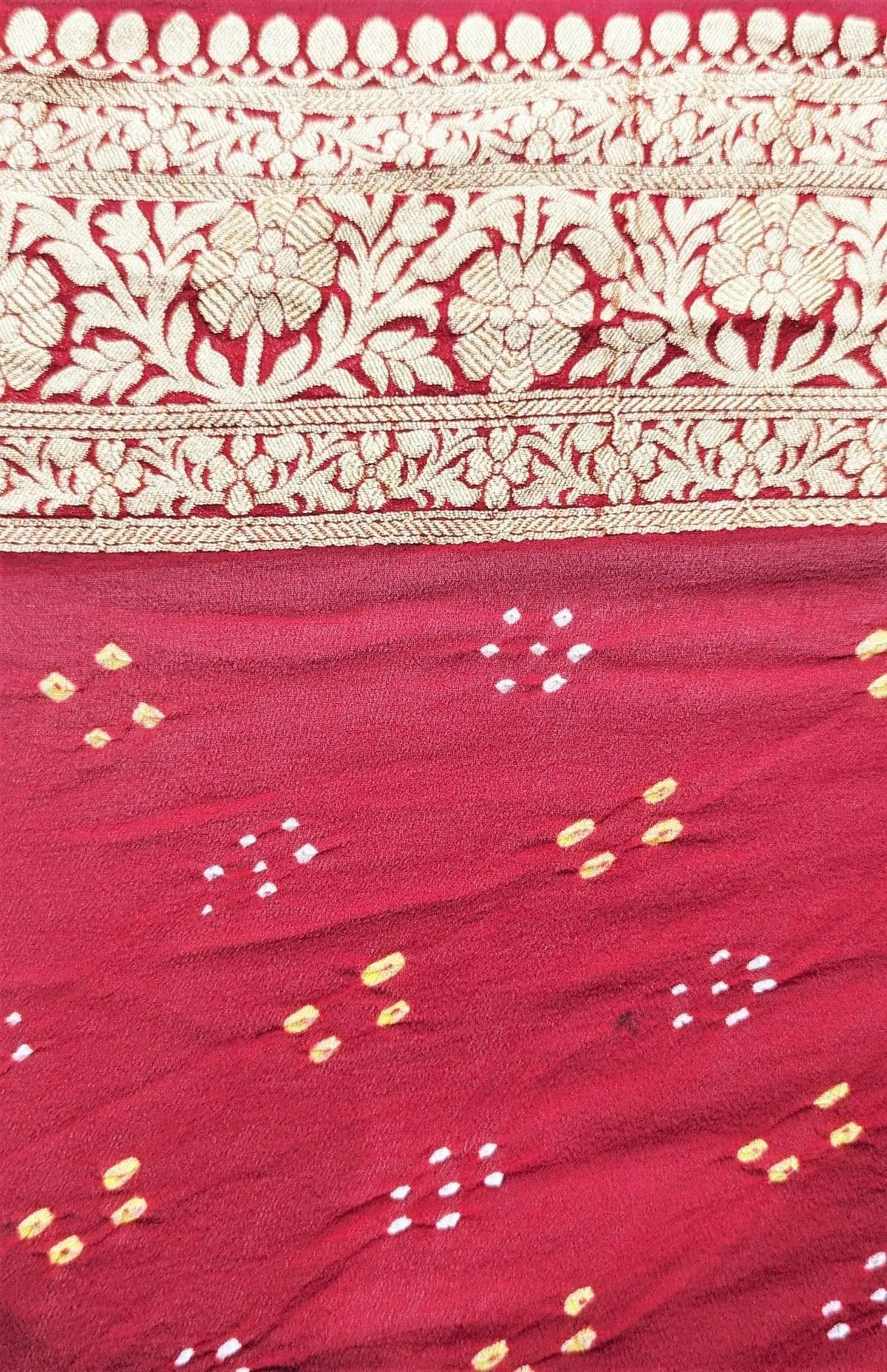 Pure Georgette Banarasi Bandhej Handloom Saree In Dual Shades Of Red/Yellow - Bharat Silk House Bandhej