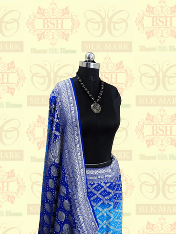 Pure Georgette Banarasi Bandhej Handloom Saree In Shades Of Peacock Royal - Bharat Silk House Bandhej