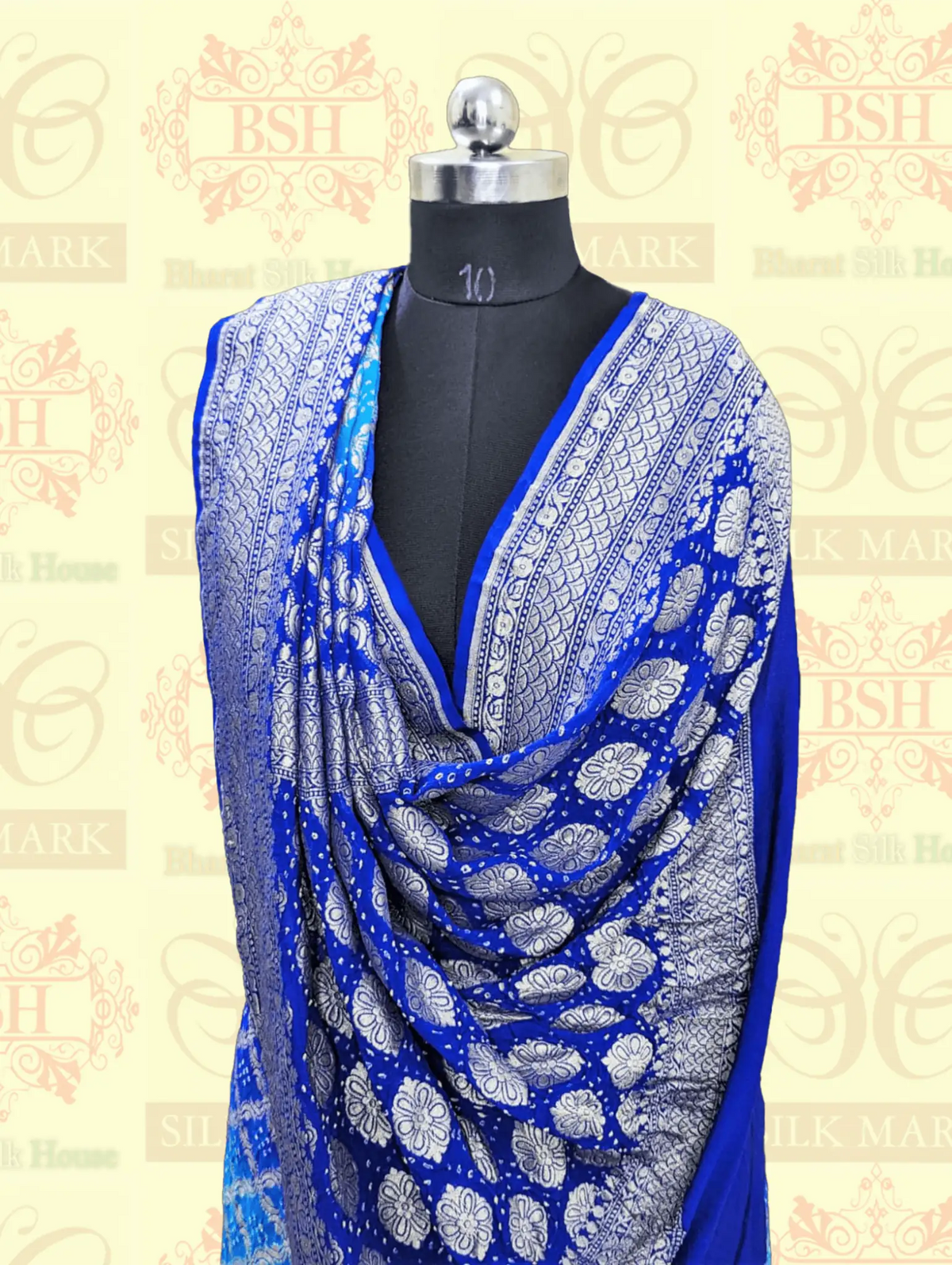 Pure Georgette Banarasi Bandhej Handloom Saree In Shades Of Peacock Royal - Bharat Silk House Bandhej