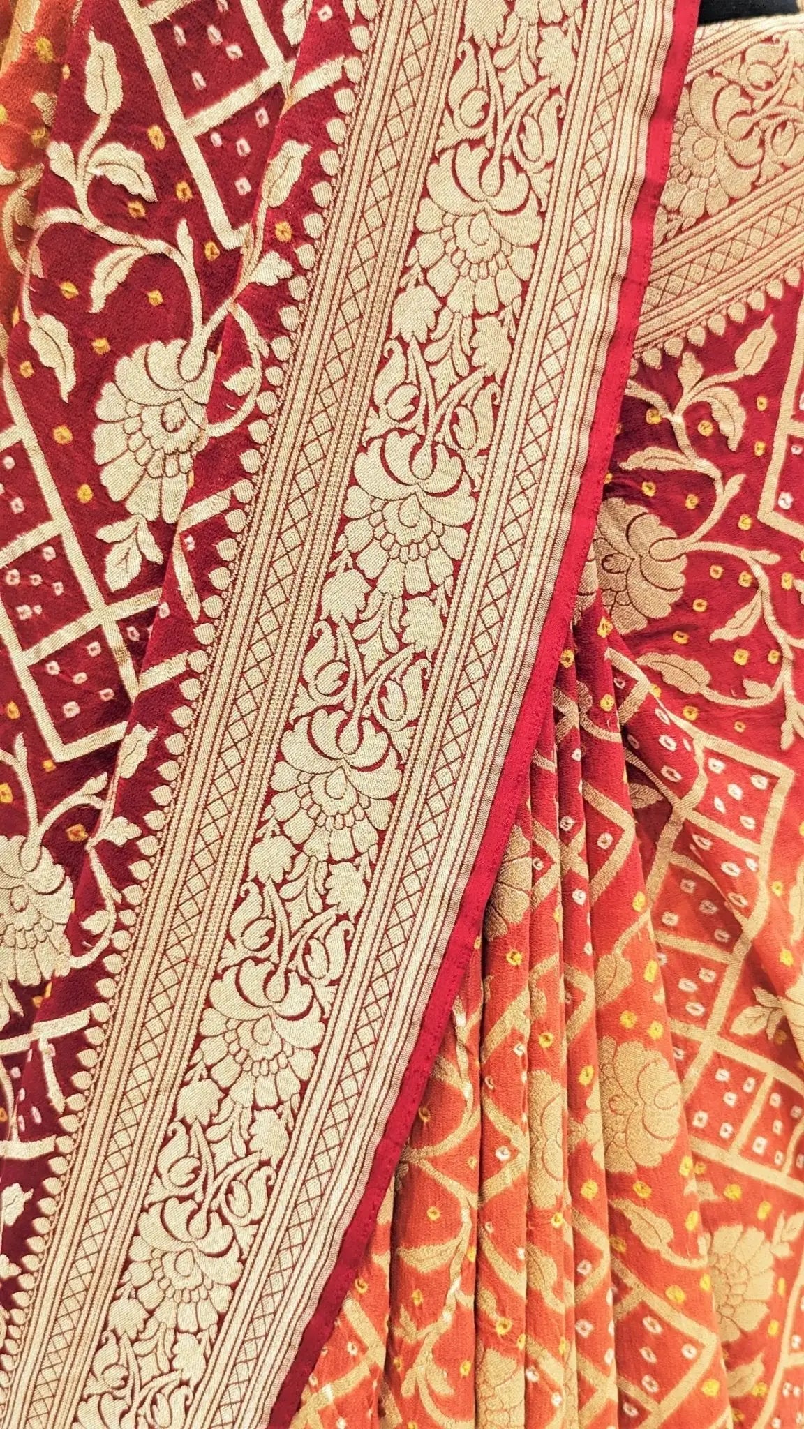 Pure Georgette Banarasi Bandhej Saree In Double Shades Of Red/Orange - Bharat Silk House Bandhej
