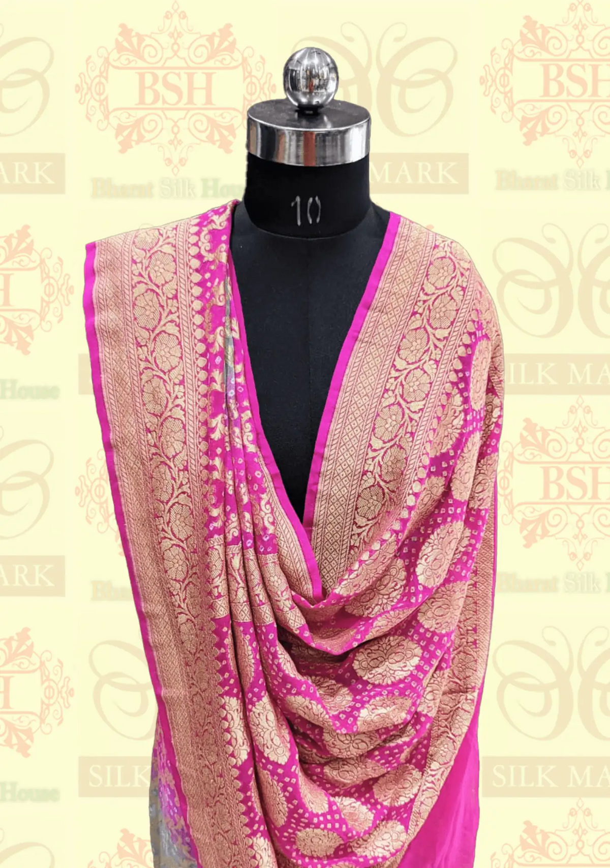 Pure Georgette Banarasi Handloom Bandhej Saree In Dual Shades Of Pink/Grey - Bharat Silk House Bandhej