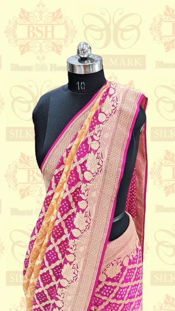 Pure Georgette Banarasi Handloom Bandhej Saree In Dual Shades Of Pink/Yellow - Bharat Silk House Bandhej