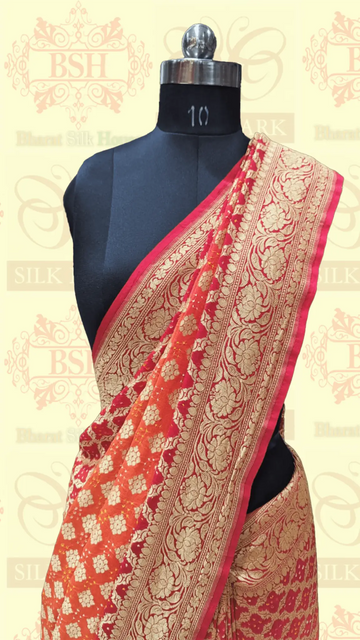 Pure Georgette Bandhani Handloom Saree In Shades Of Red/Orange - Bharat Silk House Bandhej