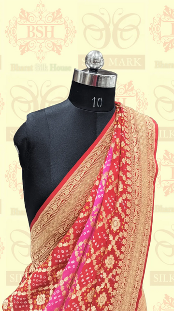 Pure Georgette Bandhej Handloom Banarasi Saree In Shades Of Red/Pink - Bharat Silk House Bandhej