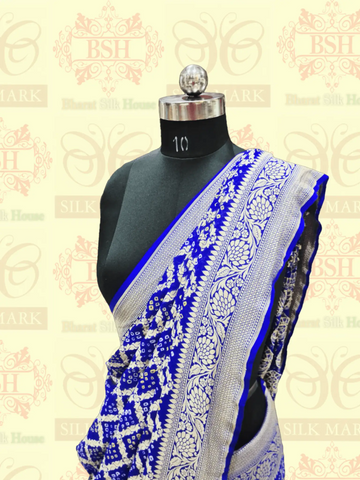 Pure Georgette Bandhej Handloom Banarasi Saree In Shades Of Royal Blue - Bharat Silk House Bandhej