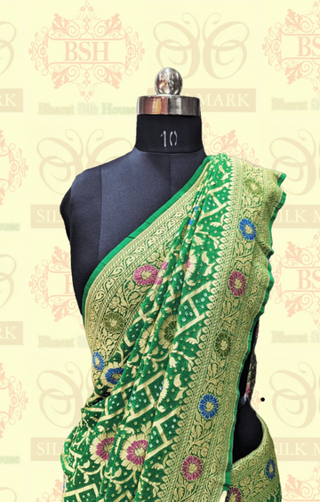 Pure Georgette Bandhej Meenakari Banarasi Saree In Shades Of Green - Bharat Silk House Bandhej