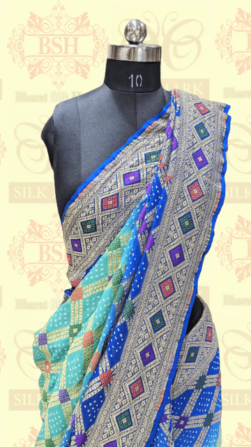 Pure Georgette Bandhej Meenakari Handloom Saree In Shades Of Royal & Celeste - Bharat Silk House Bandhej