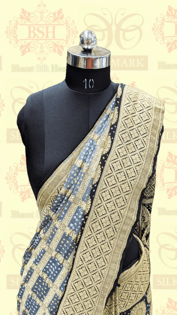 Pure Georgette Handloom Banarasi Bandhej Saree In Dual Shades Of Black/Grey - Bharat Silk House Bandhej