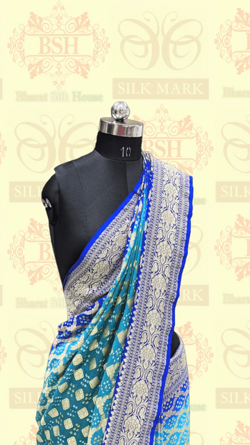 Pure Georgette Handloom Bandhej Banarasi Saree In Dual Shades Of Royal Blue - Bharat Silk House Bandhej