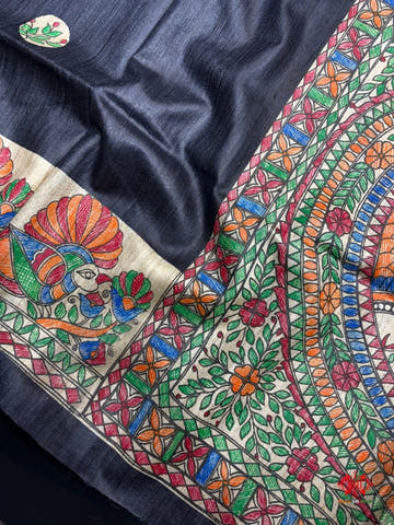 Pure Madhubani Art Hand Brush Painting Black Tusser Silk Saree - Bharat Silk House Tussar
