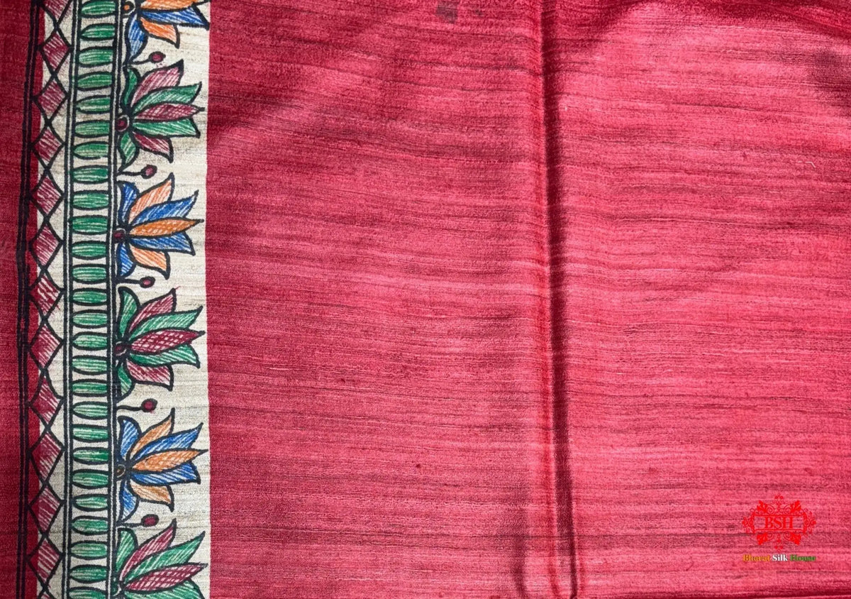 Pure Madhubani HandBrush Painting Silk Saree In Shade Of Red - Bharat Silk House Tussar
