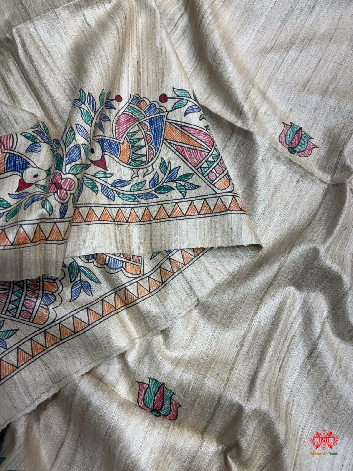 Pure Madhubani HandBrush Painting Silk Saree In Shade Of Tusser - Bharat Silk House Tussar