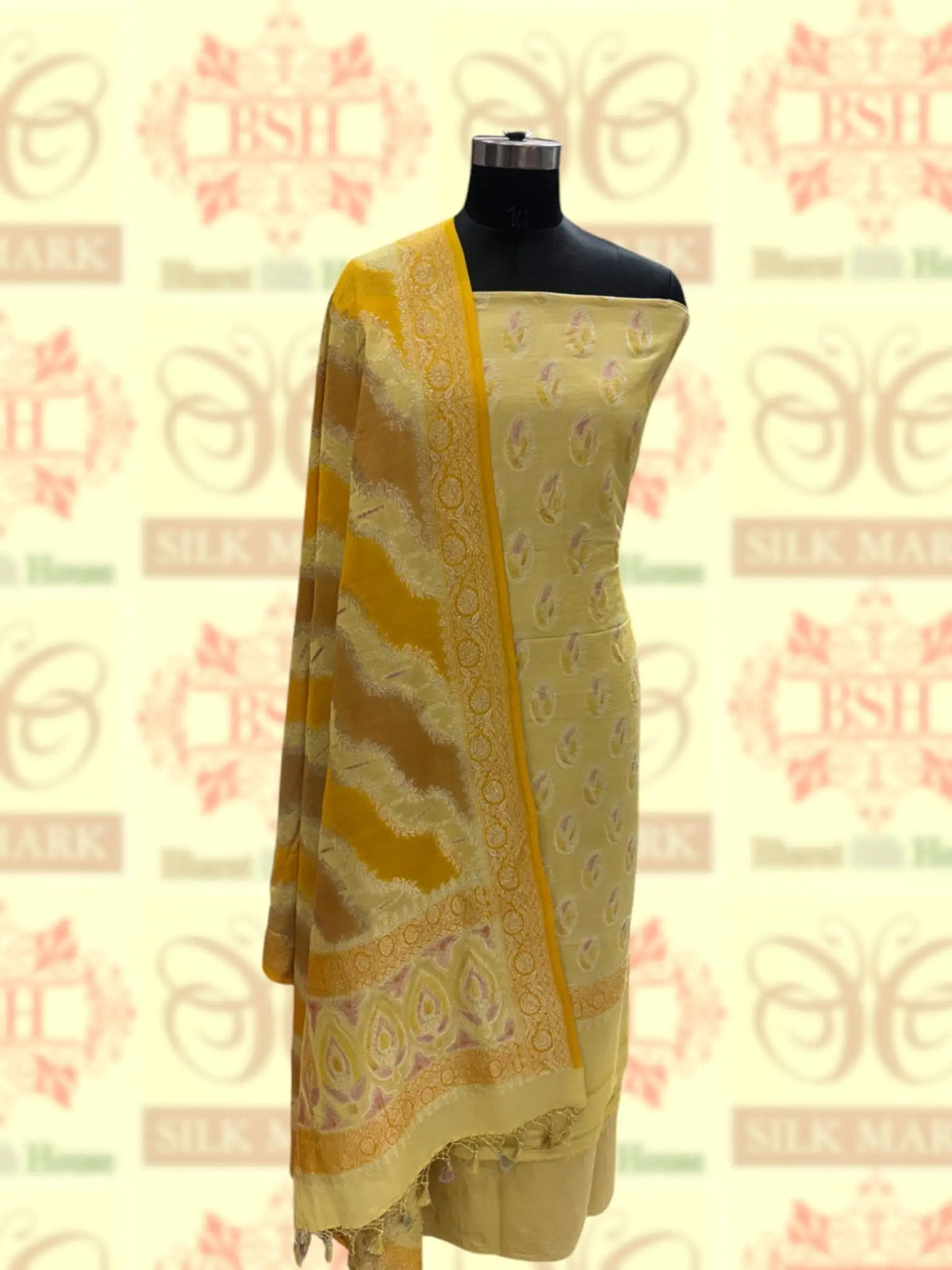 Pure Tusser Suit Piece In Shade Of Yellow - Bharat Silk House Tussar Suit
