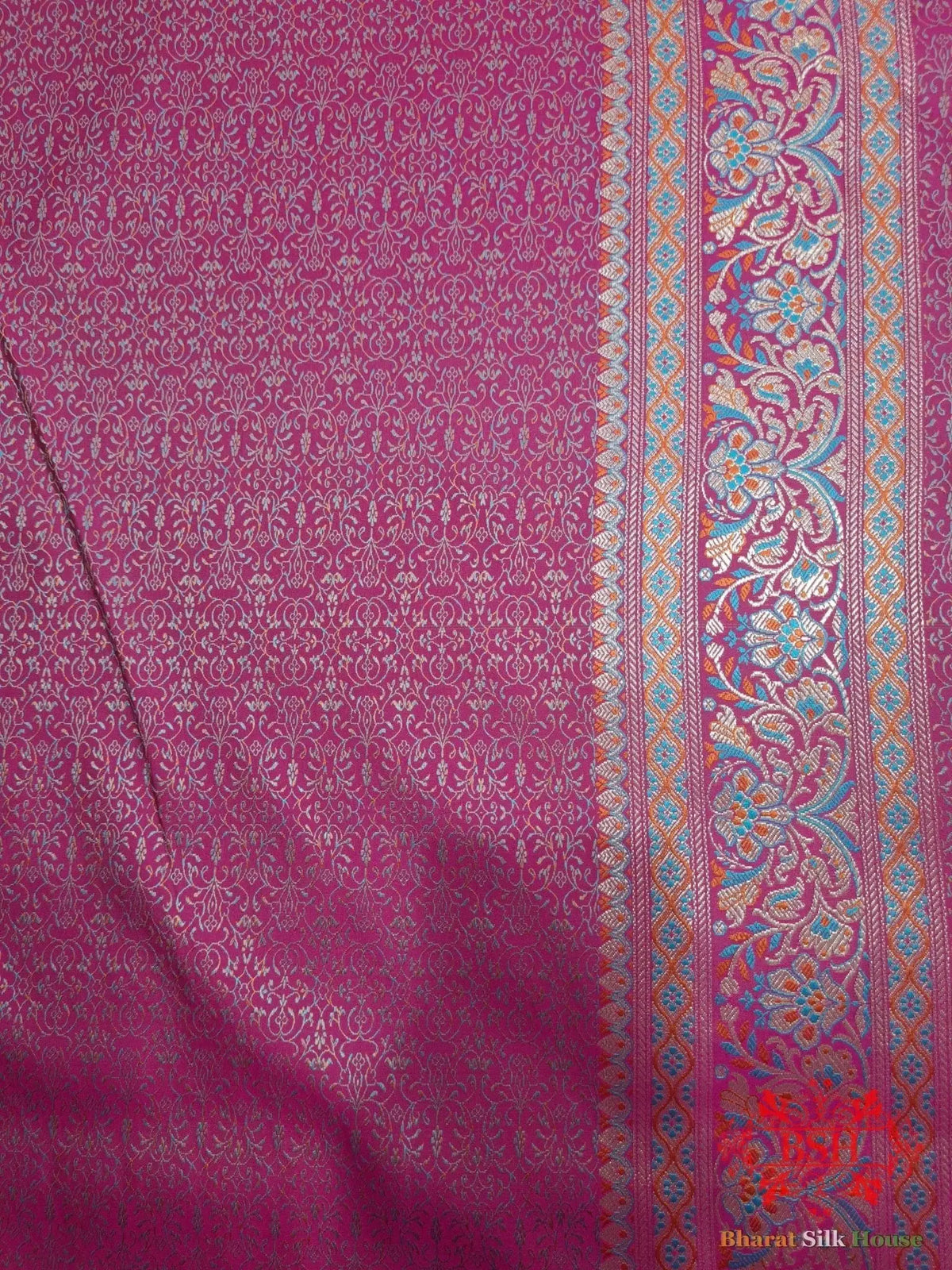 Rani Pink Dohri Resham Zari Booti Tanchoi Silk Saree - Bharat Silk House Tanchoi katan